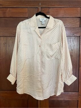 100%silk vintage Rusty Peach Silk Shirt with Navy Geometric Print